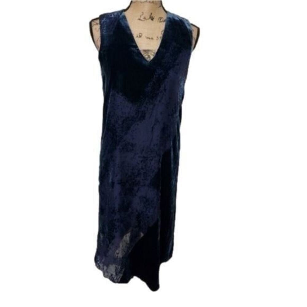 Donna Karan Navy Blue Crushed Velvet Burnout V-Neck Sleeveless Midi Dress